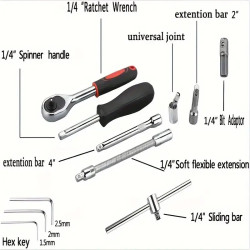 46-Piece 1/4 Drive Socket Wrench Set - Comprehensive Auto & Household Tool Kit with Metric & Bit Sockets, Extension Bar