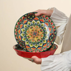 Bohemian Style Flower Themed Ceramic Dinner Plates Set of 1 - 8 Inch Round Decorative All-Season Dishware for Steak